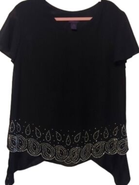 Metaphor Black Asymmetrical Blouse Rhinestone Hem Flowy Elegant Top